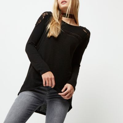 Black crochet trim long sleeve top